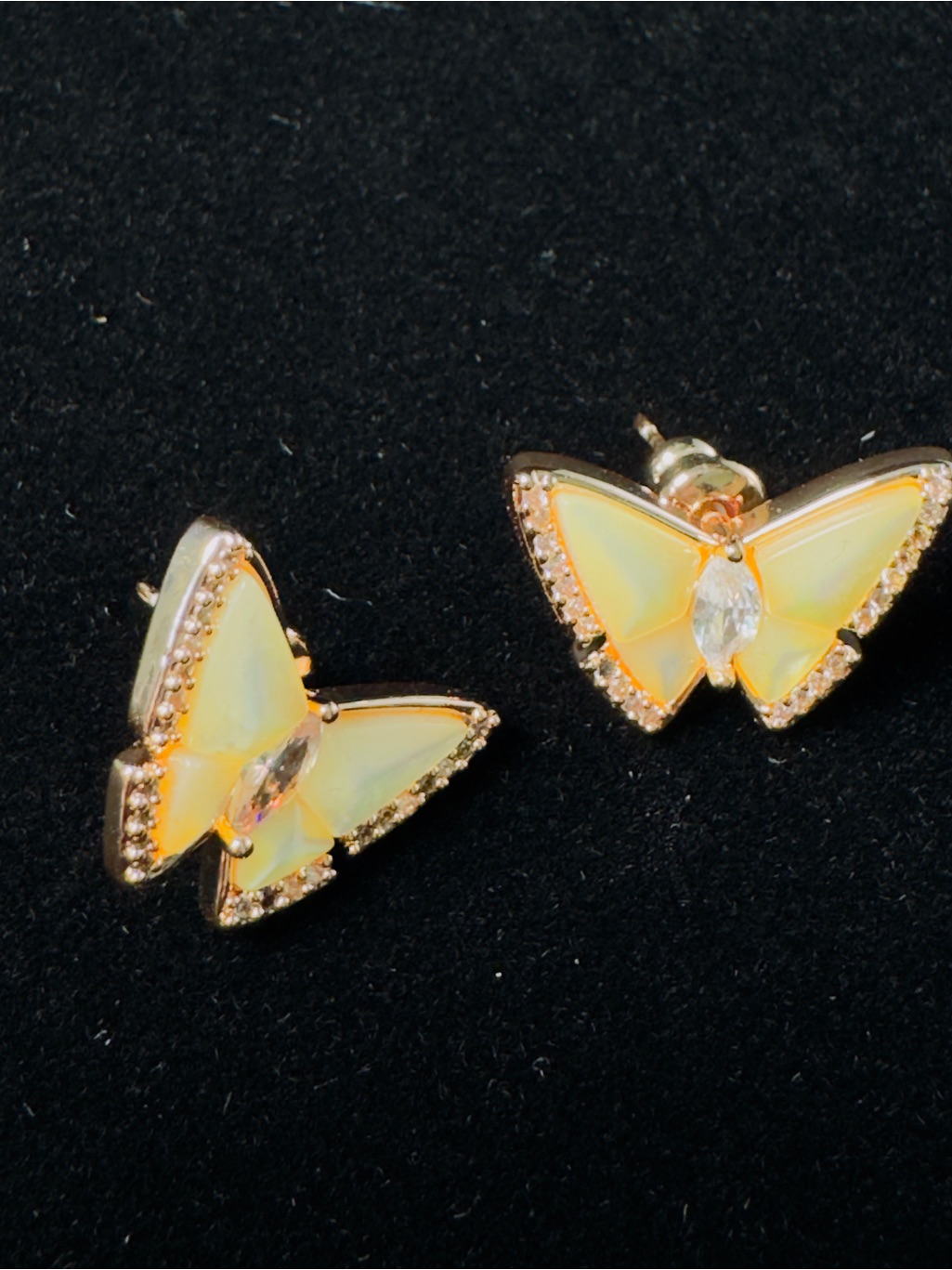 Gold Butterfly Stud Earrings With Mother Of Pearl Yellow Wings